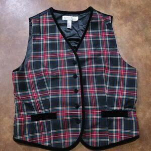 Vintage Vest Tartan Plaid Button Front w/ Black Velvet Buttons Sz Lg Y@K 90s